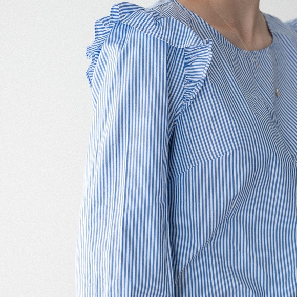 J. Crew Blue and White Striped Blouse with Ruffle Sleeves - Picture 4 of 6